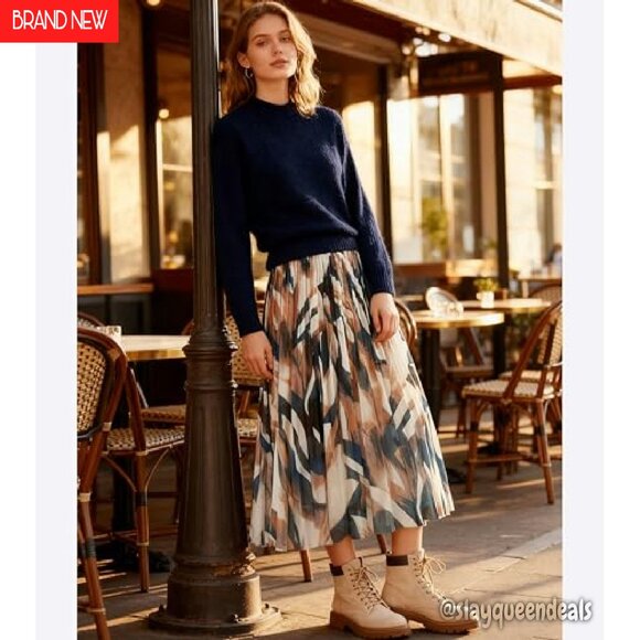 Women's Pleated Chiffon Skirt Elastic Waist A-Line Midi Length - Picture 3 of 8